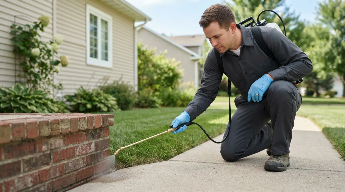 Pest control technician treating a home near New Liberty, IA