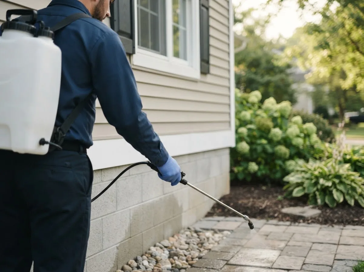 Pest control technician inspecting a home in New Liberty, IA